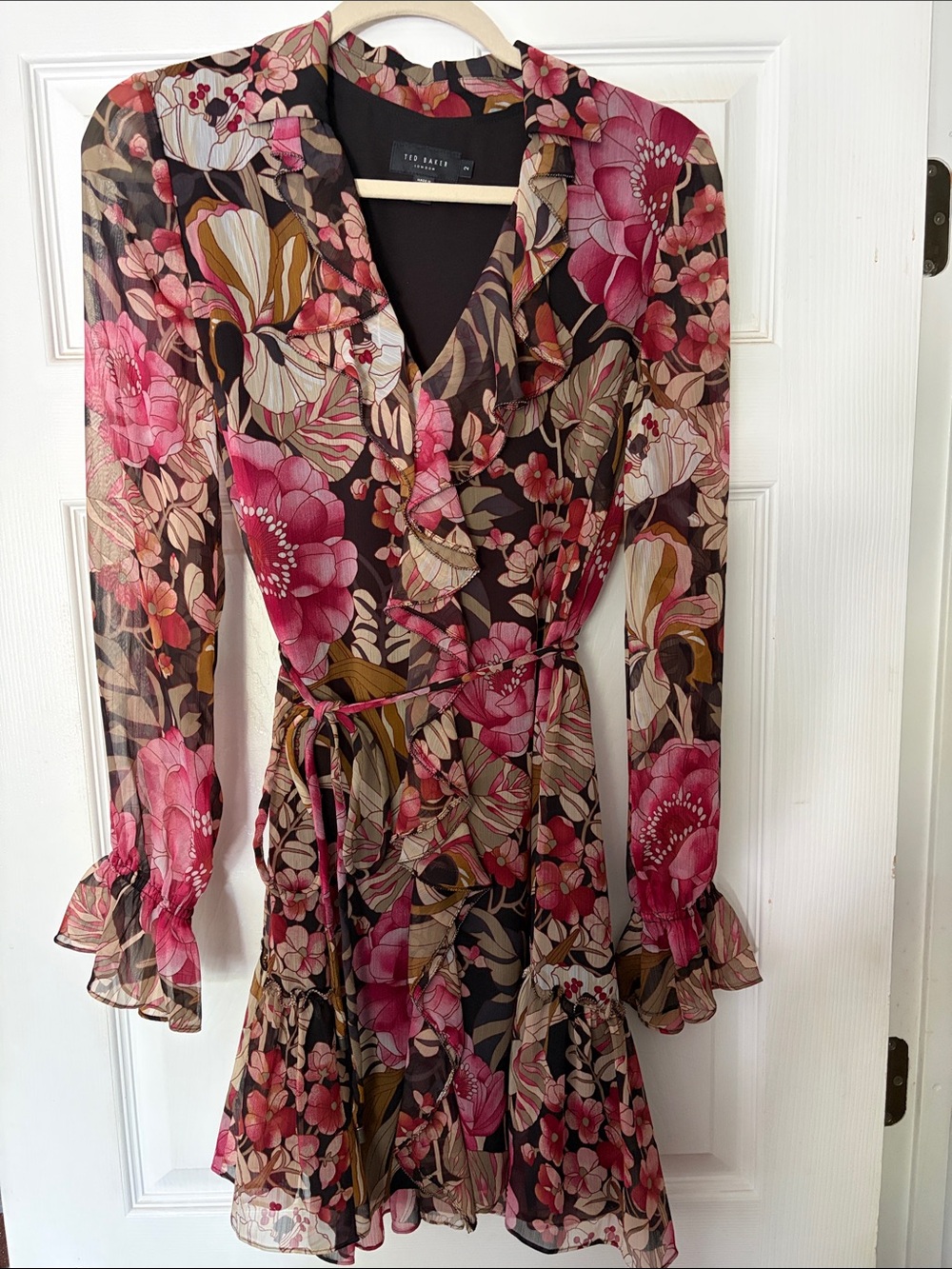 Ted Baker Floral Ruffle Tie-Waist Long Sleeve Dress — Pink & Black